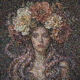 a portrait of a  very seductive young woman, hair full of gigantic flowers and octopus tentacles, photoillustration, realistic, closeup, facing the camera, dark, dramatic lighting, in the style of WLOP and  Alphonse Mucha and Caravaggio