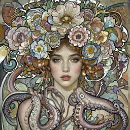 a portrait of a  very seductive young woman, hair full of gigantic flowers and octopus tentacles, photoillustration, realistic, closeup, facing the camera, dark, dramatic lighting, in the style of WLOP and  Alphonse Mucha and Caravaggio