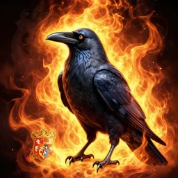 mythical wise crow with magical fire aura, full colour, family crest, coat of arms, very detailed, full frame, dramatic shading, jonathan pointer, janie penny,