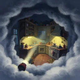 naive nerikomi, weird cloud perspective, extra narrow, detailed illustration of a kitchen dim lit by flashlight in a scenic spiral environment by rhads from lorax movie, trending artstation, true color