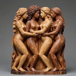 intricate wood sculpture of beautiful androgynous polyamorous racially diverse people caressing