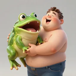 fat man holding worlds largest fat frog which is screaming
