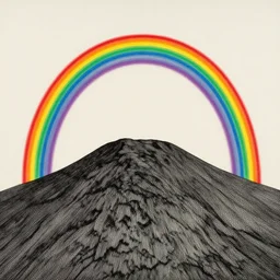 rainbow over mountain by dan mumford and peter doig and edward hopper, symmetrical, minimal, black ink, thick lines highly detailed, muted colours 8 k