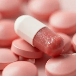 hyper detailed render of a pill made of meat, macro photography, soft lighting, blur