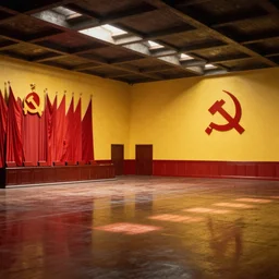 60s movie still of a sovietic stalinist style empty art museum with a soviet congress with yellow wall, by diy redscale, liminal Space style, heavy grain