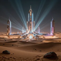 futuristic desert metropolis with glowing neon, beautiful dynamic lighting, cinematic, wide angle establishing shot, extremely high detail, photo realistic, cinematic lighting, post processed, concept art, artstation, matte painting, style by eddie mendoza, raphael lacoste, alex ross, volumetric lighting, light rays, photorealistic, ultrarealistic, moody, coronarender, 8k