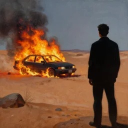 A car on fire in a desert while the silhouette of a man is watching this sad spectacle | painting by Greg Rutkowski