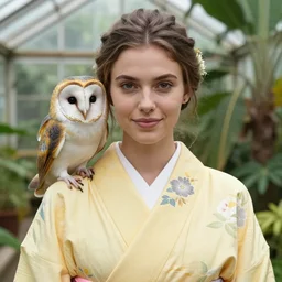 amazing portrait photograph of beautiful young female model, symmetric face, symmetric eyes, slight smile, natural light,wearing a yellow kimono with a very detailed barn owl on her shoulder!!! in a tropical greenhouse. looking at the camera!!. super resolution. Extremely detailed. art by Rineke Dijkstra.