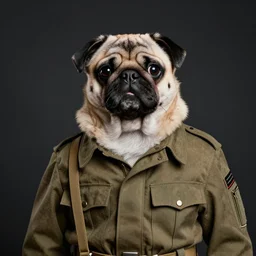 portrait of a pug as a military man, dark background, studio light, hdr, nikon 2 4 mm f / 1. 8 g, by flor garduno