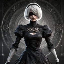 2 b from nier automata 3 d render, insanely super detailed, realistic octane render, 1 6 k, detailed in front of an intricate background. art by james merry, micro detail, backlit lighting, subsurface scattering, physically based rendering, trending on cgsociety