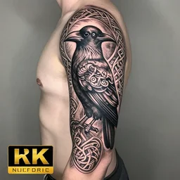 photograph of a sleeve tattoo, black ink, intricate celtic pattern in the shape of a raven, highly-detailed, beautiful, award winning, 8k