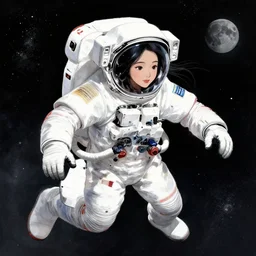 beautiful korean woman astronaut floating in space with moon dust, long flowing black hair, drawn in the style of tsutomu nihei and katsuya terada