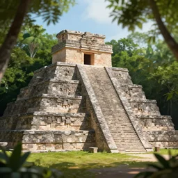 A photorealistic render of ancient Mayan ruins in the middle of the forest in the style of Craig Mullins; bokeh, 90mm, f/1.4