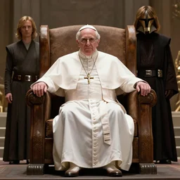 sitting in big chair is pope benedict as chancelor palpatine in star wars episode 3, 8 k resolution, cinematic lighting, anatomically correct