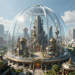 a steampunk city underneath a hyperrealistic massive glass dome, unreal engine, realistic fantasy