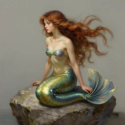 mermaid siting on a rock, her hair is flowing down, highly detailed, digital painting, artstation, concept art, sharp focus, illustration, art by artgerm and greg rutkowski and alphonse mucha