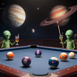 planets of the galaxy as pool balls with pool balls containing galaxies and stars on a pool table with aliens holding pool sticks and drinking alien drinks movie still, cinematic, photorealistic, extreme detail, sharp focus, 8 k, intricate, hyper detailed, realistic, cinematic lighting