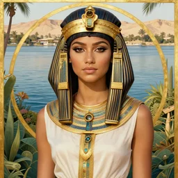 zendaya as the great beauty cleopatra, a beautiful art nouveau portrait by Gil elvgren, Nile river water garden , centered composition, defined features, golden ratio, gold jewelry