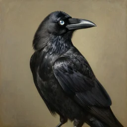 portrait of a crow looking over his shoulder, body facing forward and head backwards towards the viewer, oil painting in the style of bieter bruegel the elder, highly detailed and crisp render of distressed feathers, eyes made out of reflective chrome like a mirror