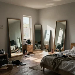 a messy bedroom with several tall mirrors, well lit, studio photo