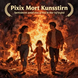 a picture of a happy family walking in front of a fire, a detailed matte painting by mort kunstler, pixiv, kitsch movement, hellish background, movie poster, official art