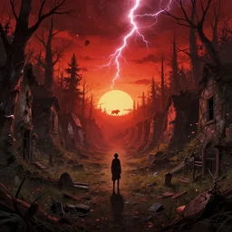 abandoned bloodborne old valley with a person at the centre and a werewolf at the end of the valley, trees and stars in the background, falling petals, epic red - orange sunlight, perfect lightning, very detailed, illustration by niko delort