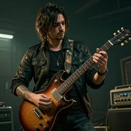 John frusciante playing his guitar hyperdetailed photorealism Cyberpunk 2077 unreal engine 5 4k very high quality