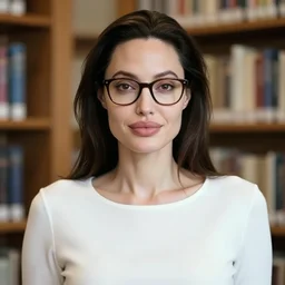 portrait beautiful young woman, looks like angeline jolie with black hair and glasses, wearing a white top in the library, hyperrealistic, photo, 4k