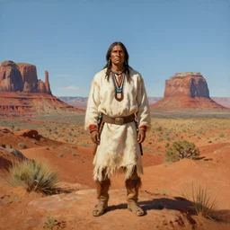 a lone iroquois indian stands on a battlefield in monument valley, defiantart, detailed painting