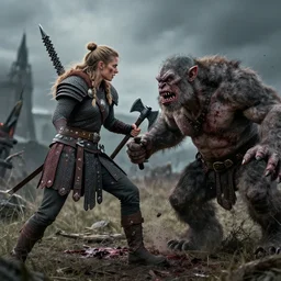 female viking warrior with ax attacking troll, realistic violent bloody