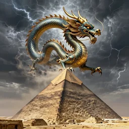 grand chinese dragon emerging from the thunderstorms above, landing on top of cyberpunk egyptian pyramid by peter andrew jones and conrad roset, rule of thirds, sigma look, beautiful, intricate, award winning