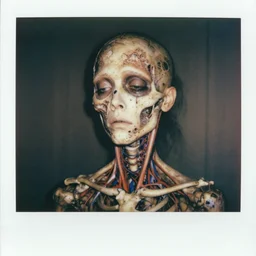 an 1 9 1 0 polaroid photography of a very sad and detailed rotten woman corpse with fractal ornate growing around her face muscles, veins, arteries, bones, anatomical, skull, eye, ears, intricate, surreal, ray caesar, john constable, guy denning, dan hillier