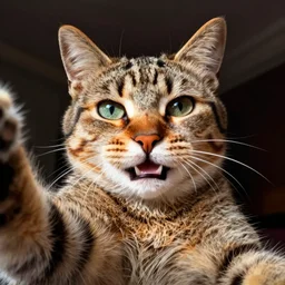 color studio photo a cat taking a selfie, smiling, closeup, detailed