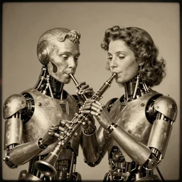 a beautiful ultradetailed vintage photo of cyborg playing an oboe, by tom bagshaw and anna dittman, couples portrait, vignette, 3 5 mm lens, golden ratio composition, detailed faces, studio photography, very detailed, humanoids, industrial robots, artstation, 8 k, highly coherent