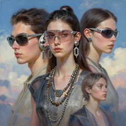 3 d, sci - fi accessories, fashion model, poster art, high detail, intricate oil painting, multiple exposure, heaven mood, hyperrealism, 3 d, by tooth wu and wlop and beeple and greg rutkowski