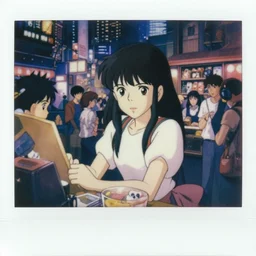 a full body polaroid portrait of a 1 9 8 0's disney girl working at a sales stall, finely detailed features, closeup at the faces, perfect art, busy cyberpunk city, gapmoe yandere grimdark, trending on pixiv fanbox, painted by ilya kushinov makoto shinkai takashi takeuchi studio ghibli, akihiko yoshida,