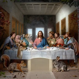a beautiful mixed mediart of the last supper, with jesus and his disciples replaced by various animals. the mixed mediart is set in a forest, with a deer at the head of the table and a squirrel and rabbit to either side. 4 k resolution by joel rea, by eddie mendoza offhand, a e s t h e t i c
