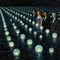 bioluminescent spheres floating in row to infinity above the dark waters. painting by agnes pelton, max ernst, rene magritte, bosch.