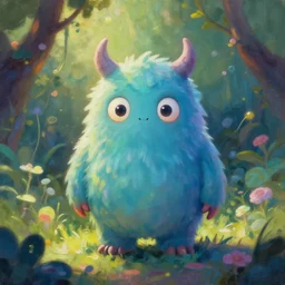 cute monster in the garden. oil painting by award - winning comic artist. backlighting, chiaroscuro, depth of field, luminescent colors.