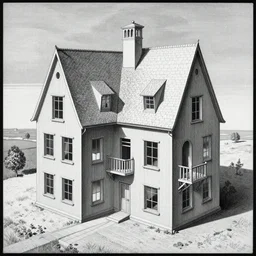 impossible penrose house by M.C. Escher, painting with intricate details