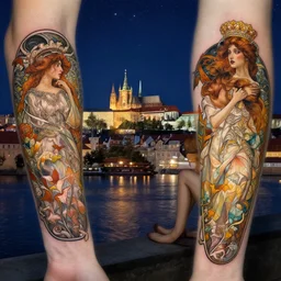 a view from the river of prague at night with the sky full of stars, being watched by a beautiful girl, intricate, elegant, highly detailed, digital painting, artstation, concept art, smooth, sharp focus, colored illustration for tattoo, art by krenz cushart and artem demura and alphonse mucha,