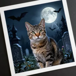 a highly detailed portrait of a cat in a moonlit gothic cemetary with some bats and a ghost floating between the gravestones, boke, tilted frame, henry cartier bresson