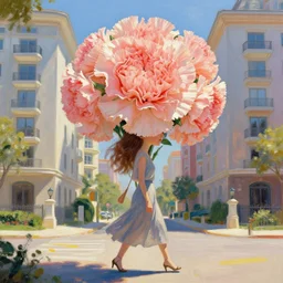 giant carnation flower crown head, woman walking between luxury apartments, surreal photography, sunlight, impressionist painting, digital painting, artstation, simon stalenhag