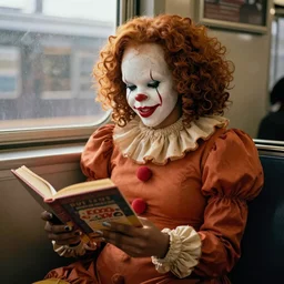 a ortrait of lizzo as pennywise sitting next to a window at subway reading a book on sushi, focused expression, golden hour, art by kenne gregoire, trending on artstation
