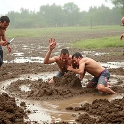 3 drunks fall over mud - wrestling