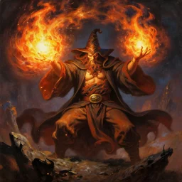 “wizard casting a fireball spell, glowing embers, fantasy painting by frank frazetta”