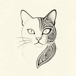 tattoo sketch of a cat with one eye, a draft, maori ornament, polinesian style, minimalism, line art, vector