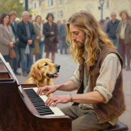 oil painting of a young man with long hair blond and a beard hippie style with his golden retrever dog playing piano in the square for money, people watching around, by greg rutkowski, artstation