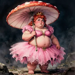 A fat goblin princess with a tattered pink tutu, mushroom parasol watercolor, dramatic lighting, cinematic, establishing shot, extremely high detail, foto realistic, cinematic lighting, pen and ink, intricate line drawings, by Yoshitaka Amano, Ruan Jia, Kentaro Miura, Artgerm, post processed, concept art, artstation, matte painting, style by eddie mendoza, raphael lacoste, alex ross