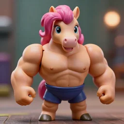pinky pie my little pony, neca!!! powerlifter oversized muscular very detailed realistic action figure with horse head aby neca face close up full body in the style of neca, character by neca, film still, bokehs